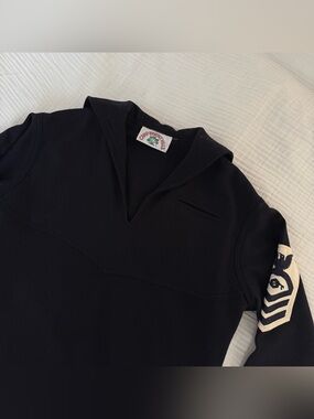 Vintage camp Beverly Hills sailor top wool S patch wide sleeves navy